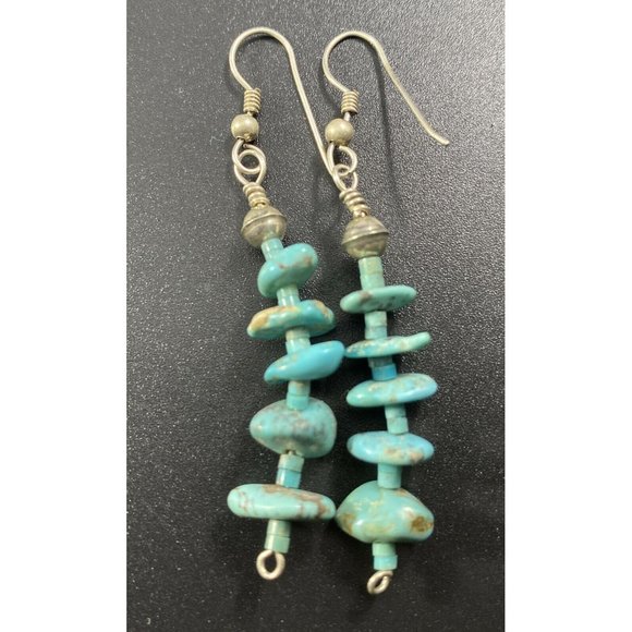 Vintage Sterling Silver Turquoise Nugget Earrings Hook Dangle Fine Pierced - Picture 2 of 6